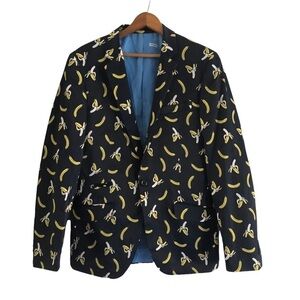 Suslo Couture Blazer Navy Blue Yellow Banana Print Slim Fit 40